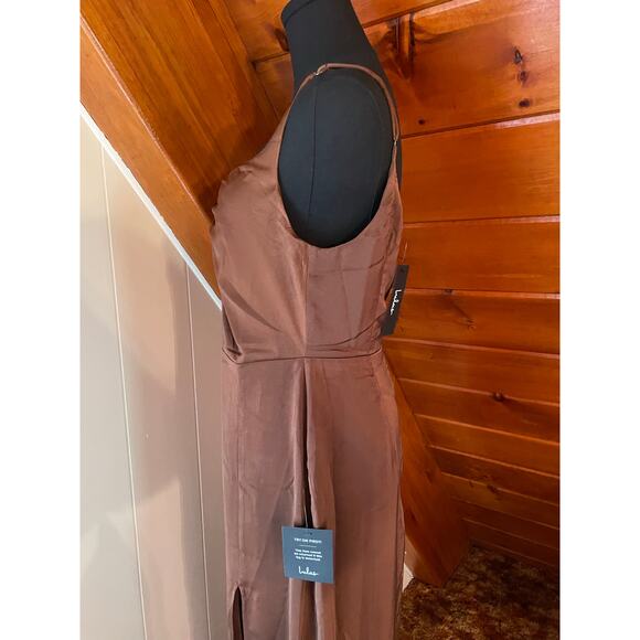 Lulus Lovely Drama Brown Satin Sleeveless A-Line Maxi Dress NWT sz L - Picture 8 of 11